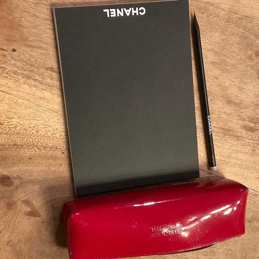 CHANEL Black Notebook with Red Patent Pencil Case and Black Pencil